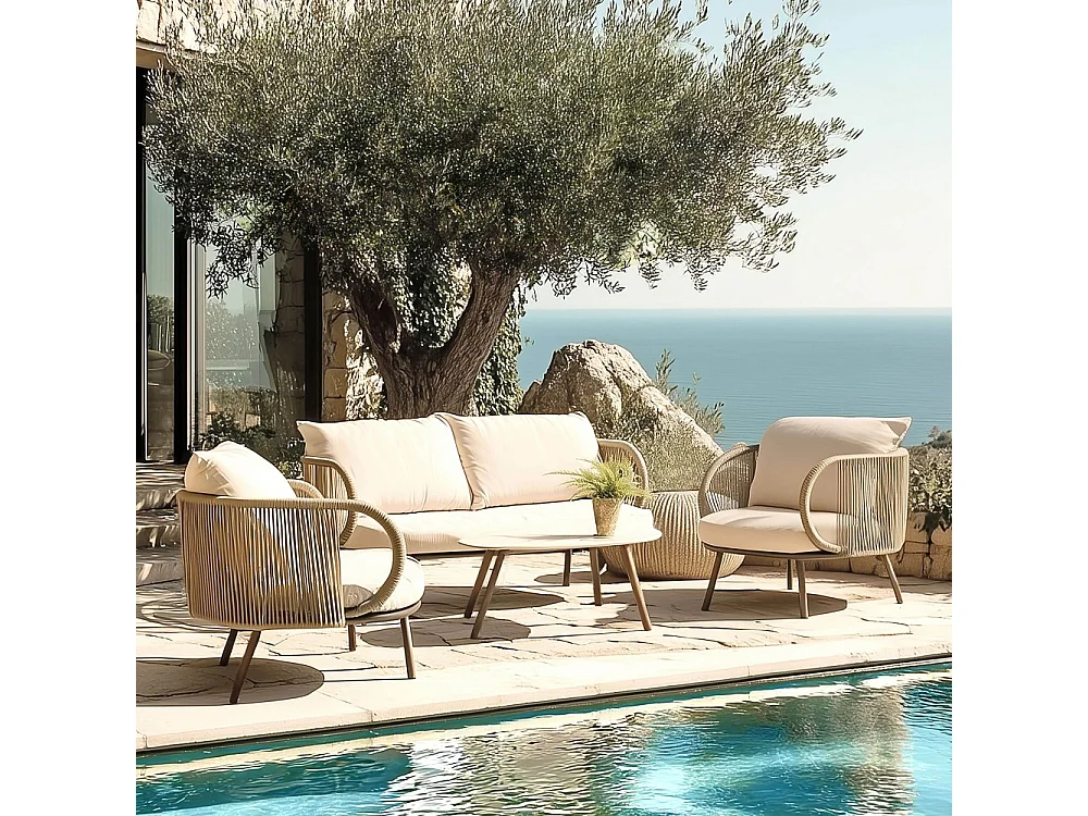 VICK - Salon de jardin 4 places en acier et cordage synthétique taupe