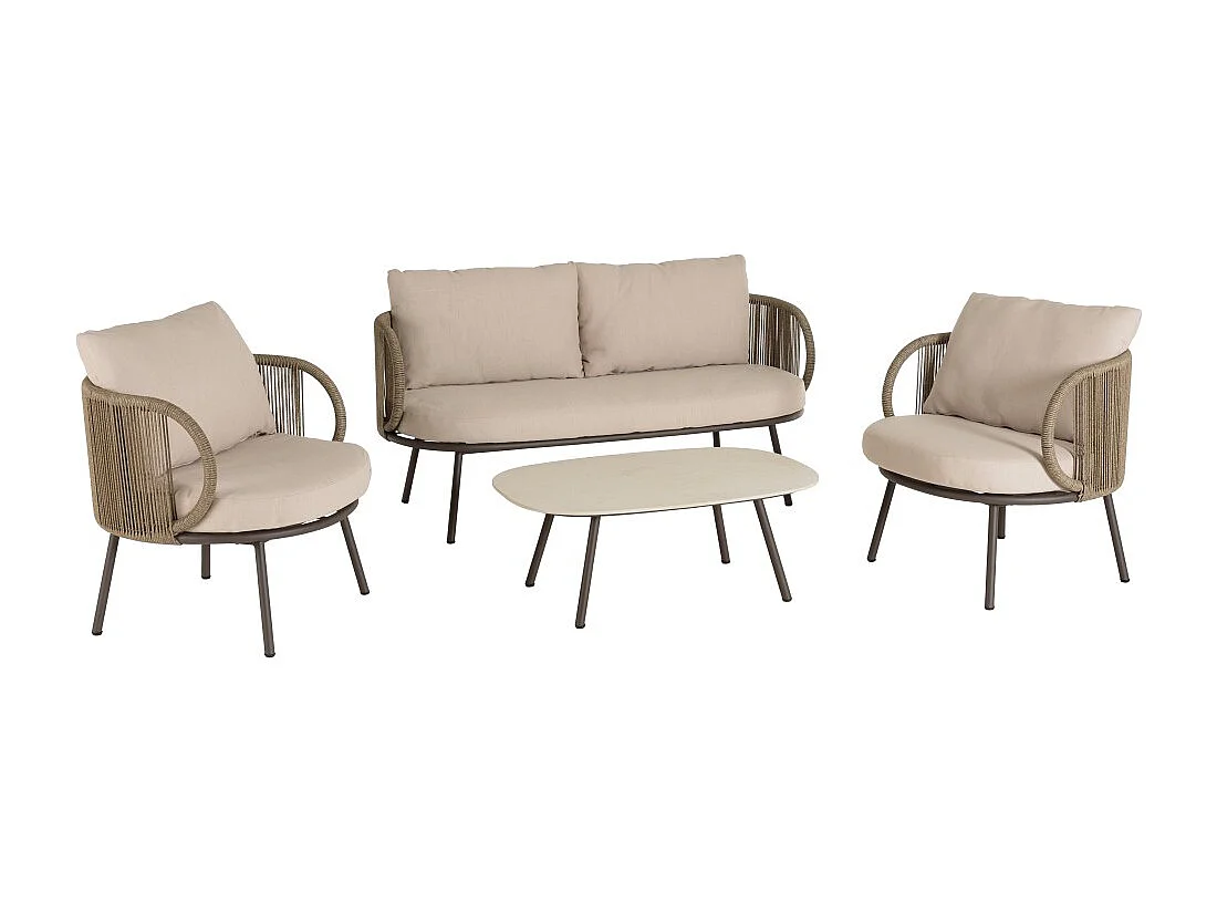 VICK - Salon de jardin 4 places en acier et cordage synthétique taupe