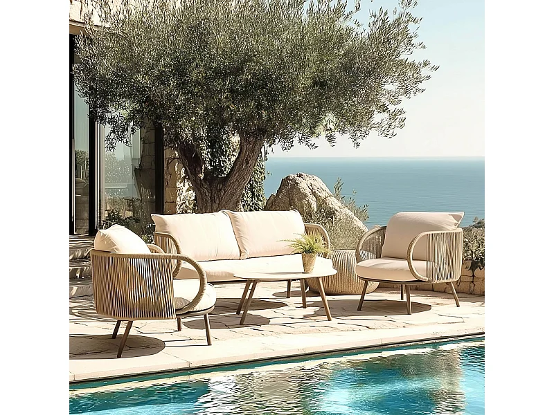 VICK - Salon de jardin 4 places en acier et cordage synthétique taupe