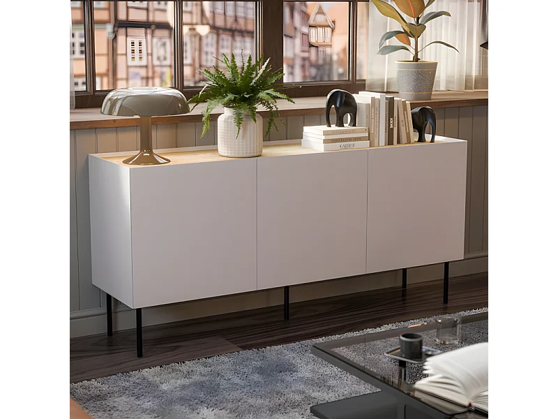 Buffet beige et bois 3 portes 150cm Mauro