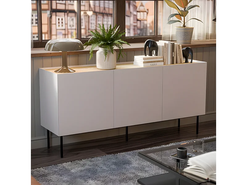 Buffet beige et bois 3 portes 150cm Mauro