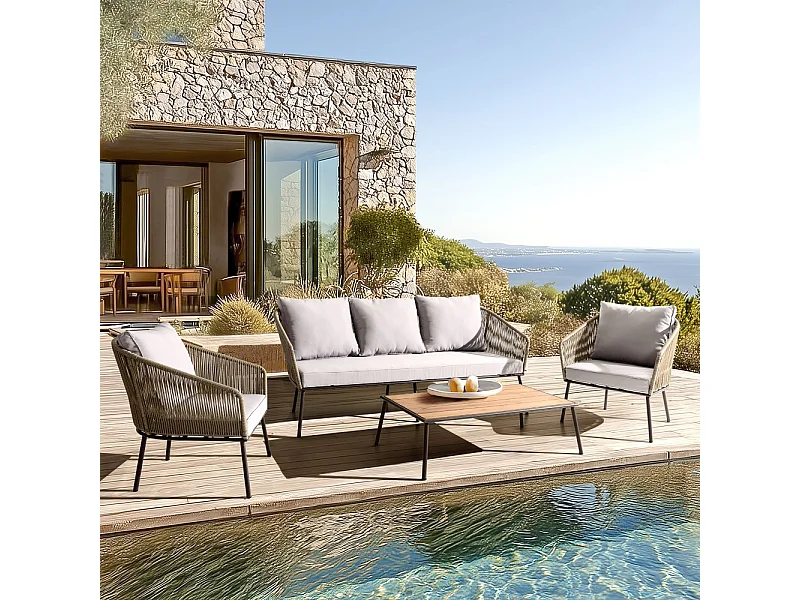 VICK - Salon de jardin 5 places acier, cordage synth. taupe, acacia huilé