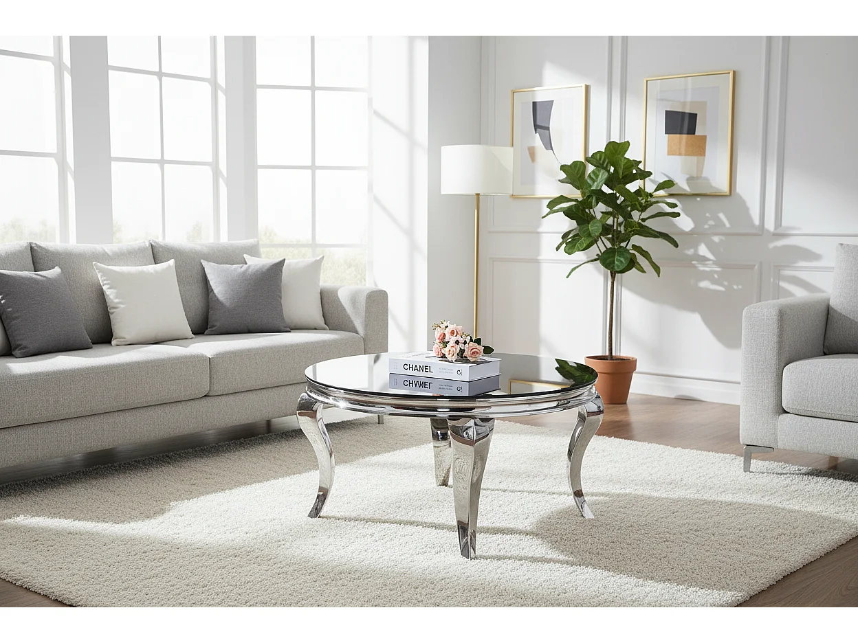 Table Basse BAROQUE Ronde Plateau Verre Trempé Noir Structure Chrome D80x45cm