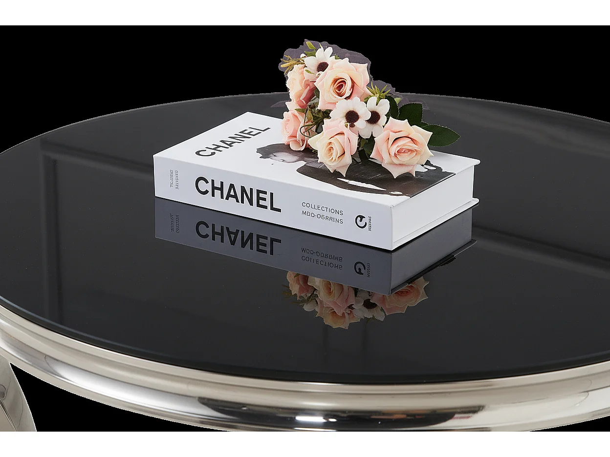 Table Basse BAROQUE Ronde Plateau Verre Trempé Noir Structure Chrome D80x45cm