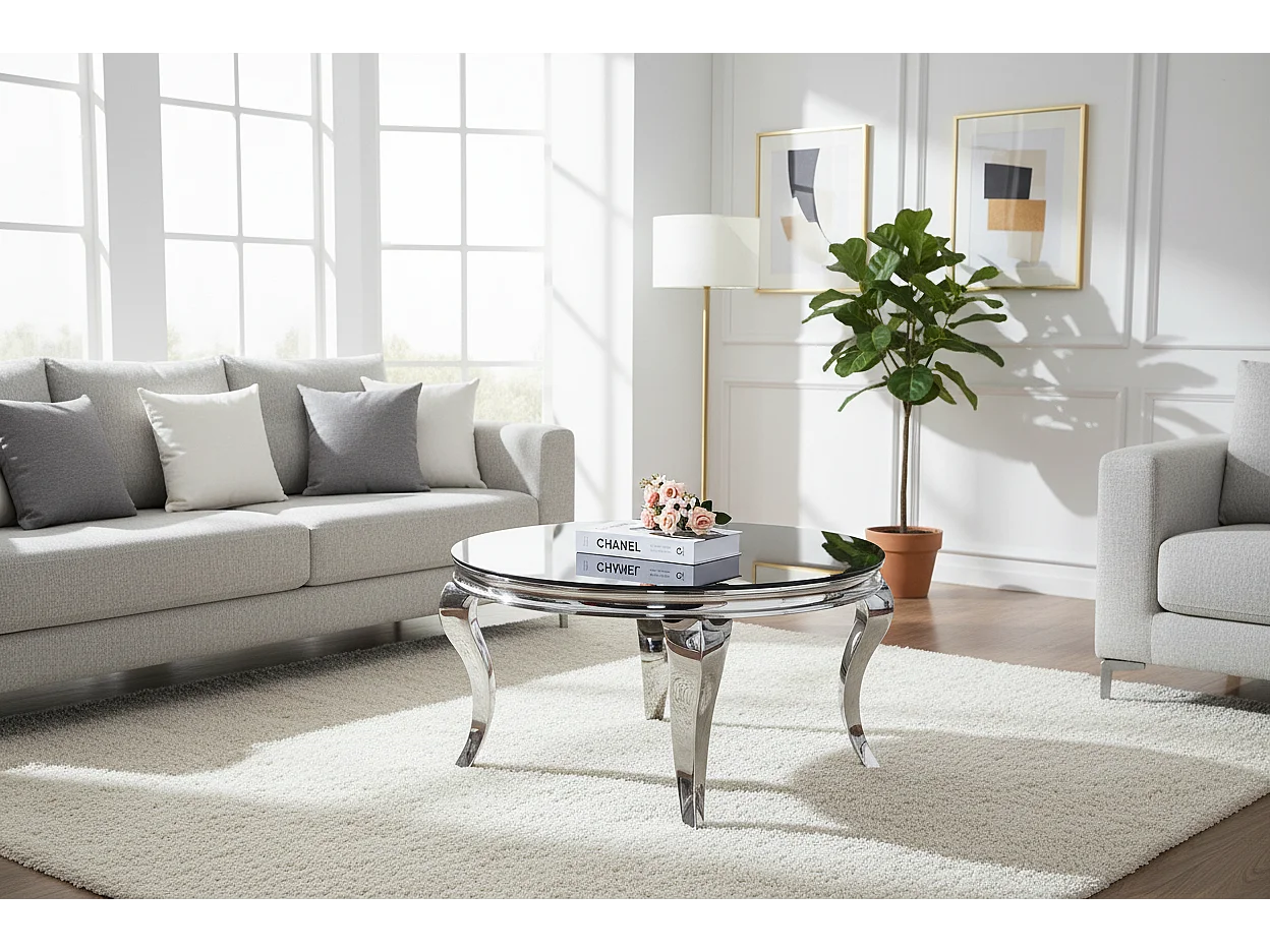 Table Basse BAROQUE Ronde Plateau Verre Trempé Noir Structure Chrome D80x45cm