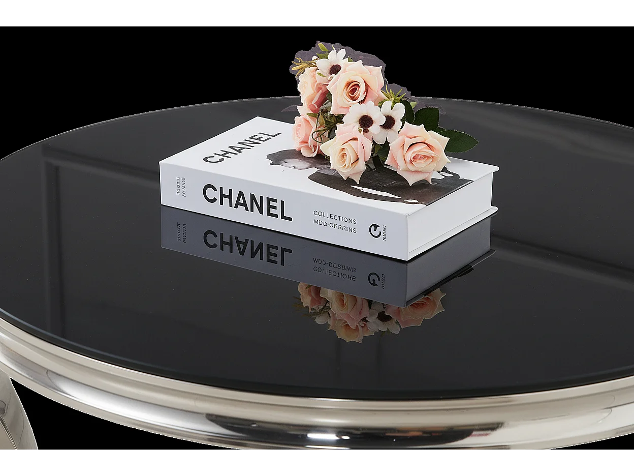Table Basse BAROQUE Ronde Plateau Verre Trempé Noir Structure Chrome D80x45cm