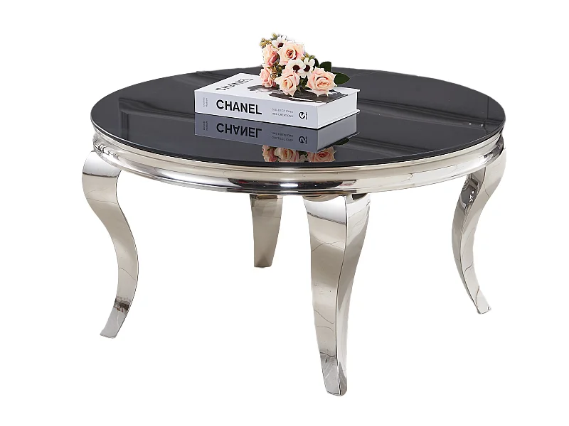 Table Basse BAROQUE Ronde Plateau Verre Trempé Noir Structure Chrome D80x45cm
