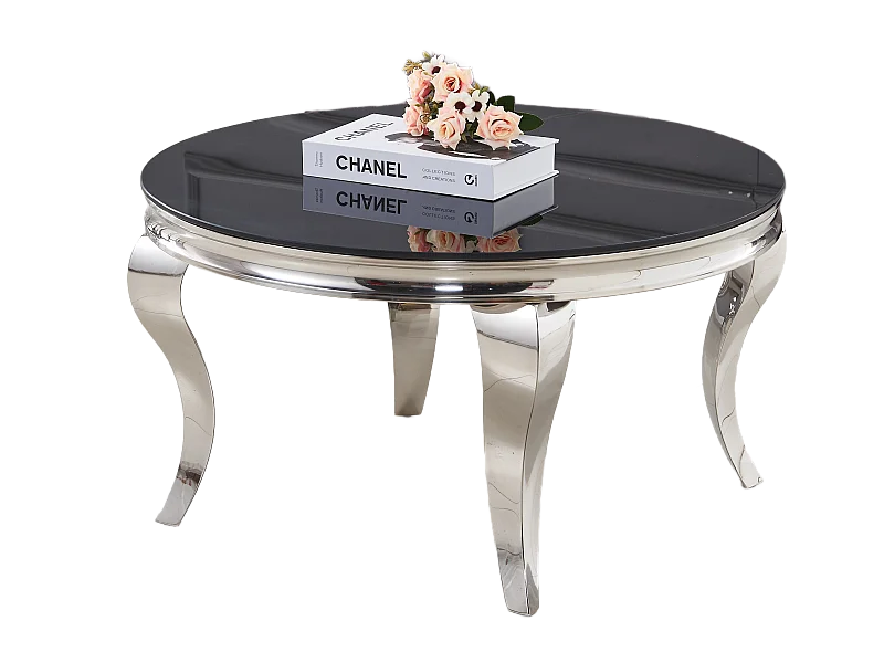 Table Basse BAROQUE Ronde Plateau Verre Trempé Noir Structure Chrome D80x45cm