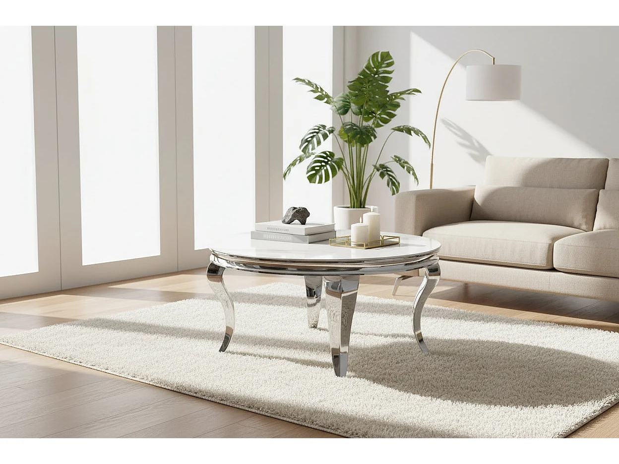 Table Basse BAROQUE Ronde Plateau Verre Trempé Marbré Blanc Structure Chrome D80x45cm