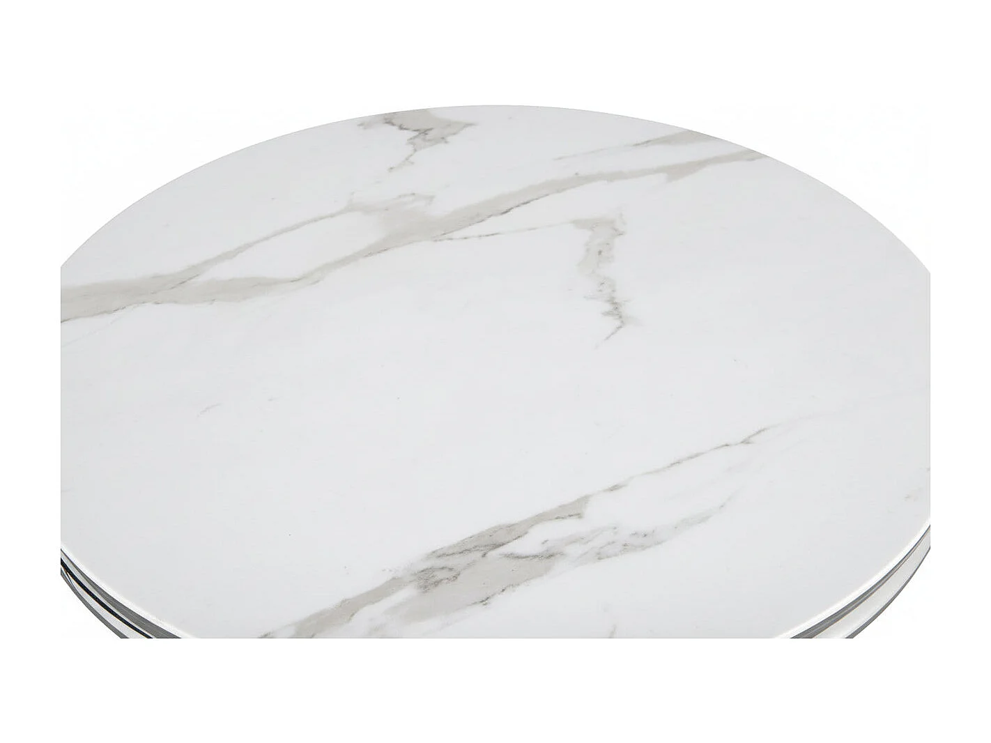 Table Basse BAROQUE Ronde Plateau Verre Trempé Marbré Blanc Structure Chrome D80x45cm