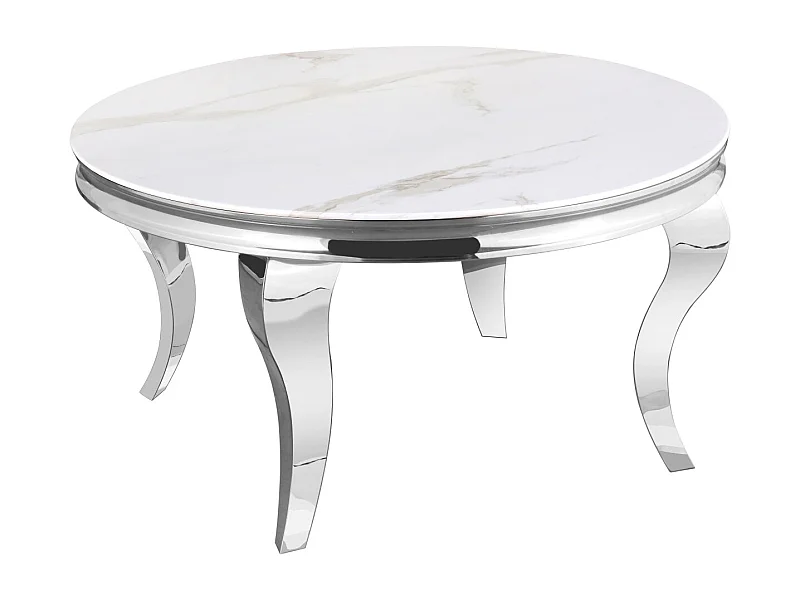Table Basse BAROQUE Ronde Plateau Verre Trempé Marbré Blanc Structure Chrome D80x45cm