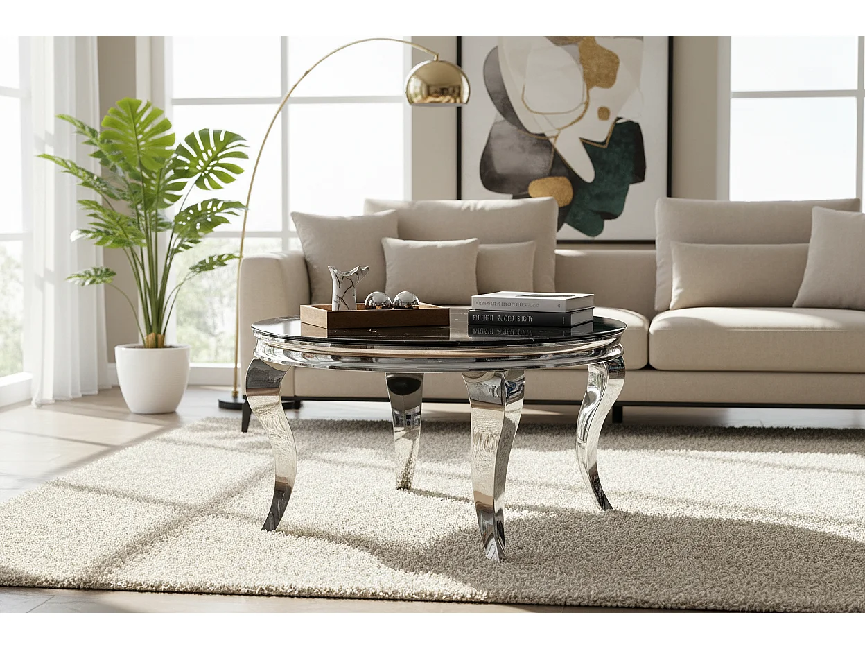 Table Basse BAROQUE Ronde Plateau Verre Trempé Marbré Noir Structure Chrome D80x45cm