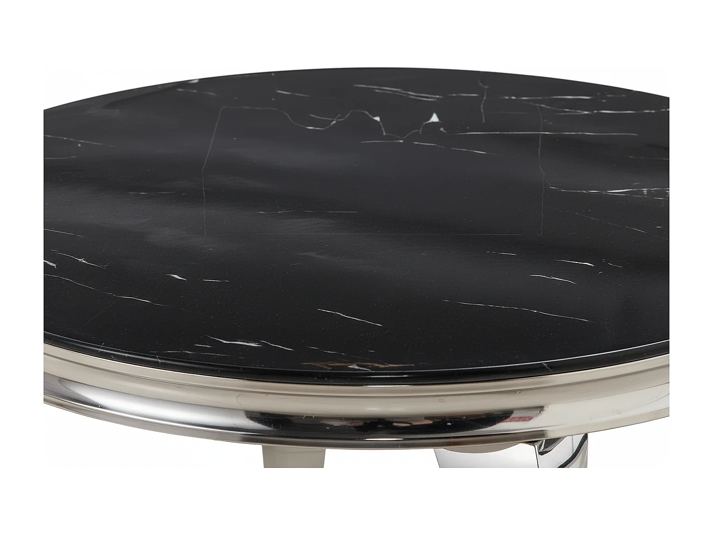 Table Basse BAROQUE Ronde Plateau Verre Trempé Marbré Noir Structure Chrome D80x45cm