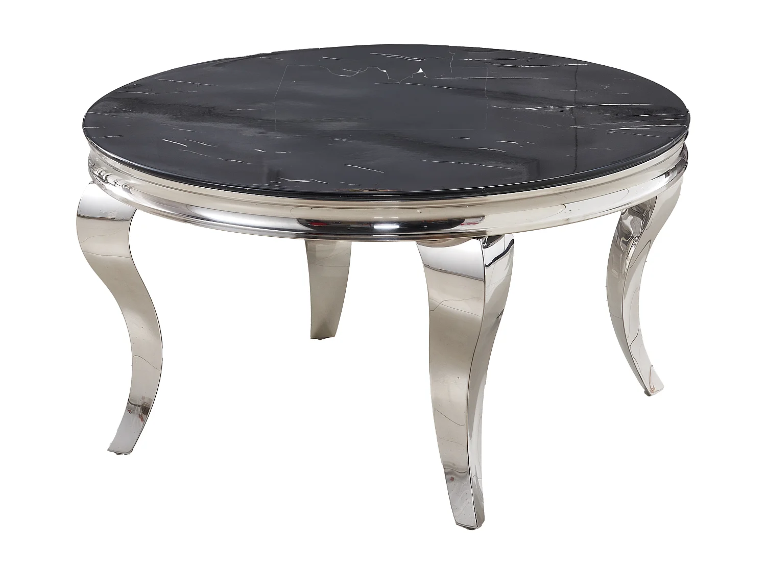 Table Basse BAROQUE Ronde Plateau Verre Trempé Marbré Noir Structure Chrome D80x45cm