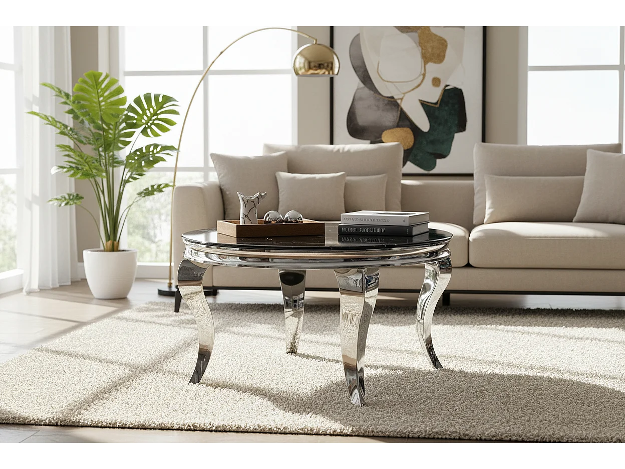 Table Basse BAROQUE Ronde Plateau Verre Trempé Marbré Noir Structure Chrome D80x45cm