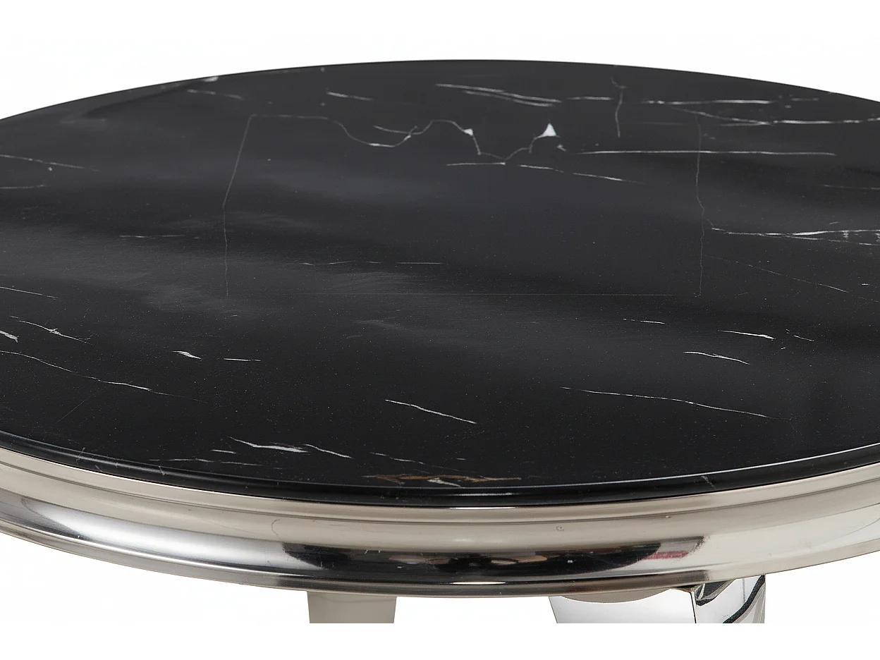 Table Basse BAROQUE Ronde Plateau Verre Trempé Marbré Noir Structure Chrome D80x45cm