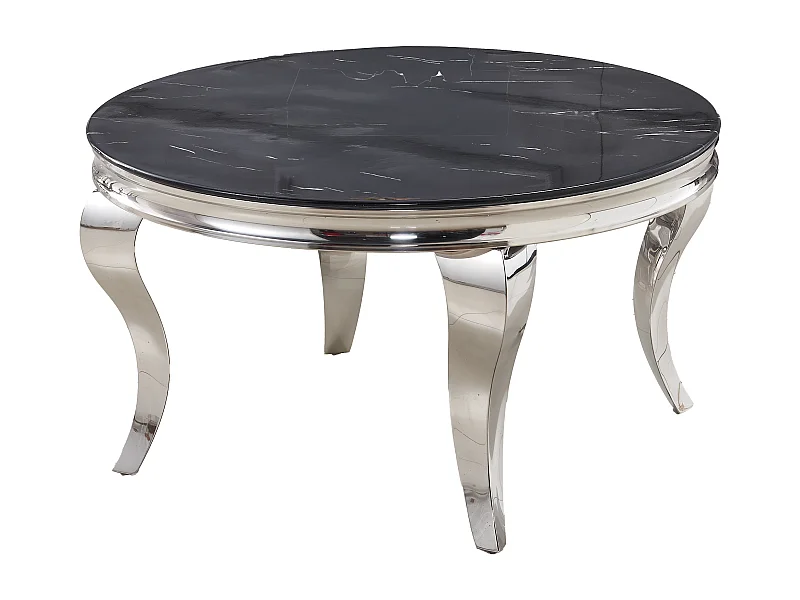 Table Basse BAROQUE Ronde Plateau Verre Trempé Marbré Noir Structure Chrome D80x45cm