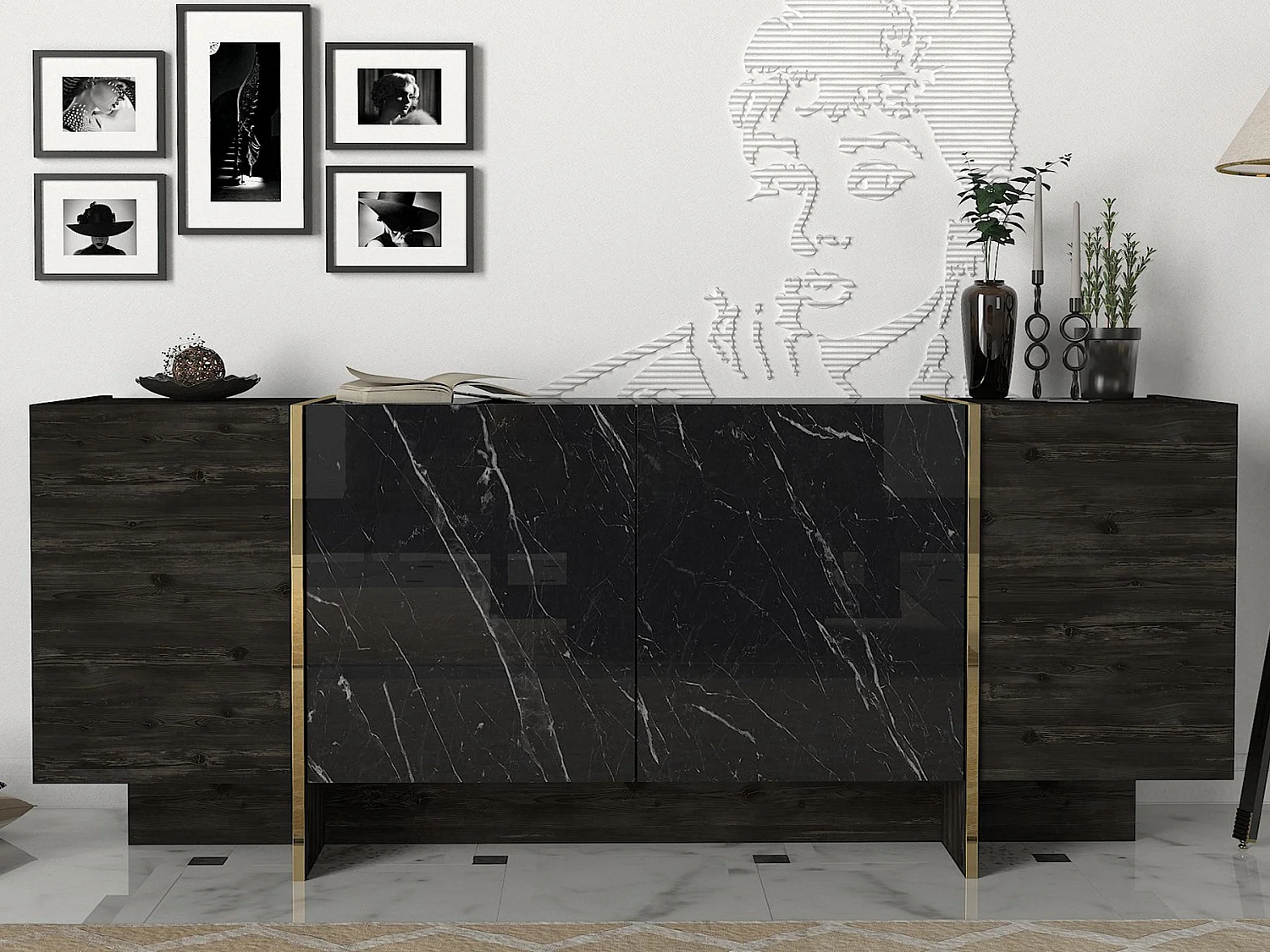 Modern Svart Trä Buffé "Veyron" - 180 x 46 x 75 cm - 3 Dörrar