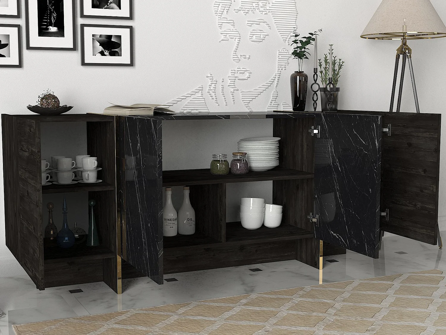 Modern Svart Trä Buffé "Veyron" - 180 x 46 x 75 cm - 3 Dörrar