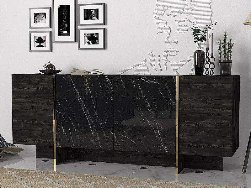 Buffet en bois "Veyron" - 180 x 46 x 75 cm - Noir Or