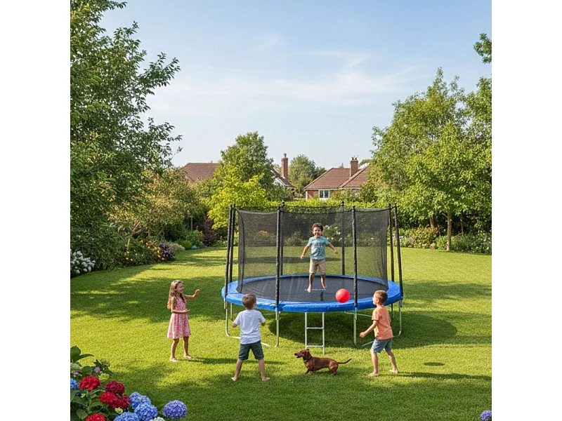 Trampoline pour enfant 12Ft ø366cm avec coussin de protection Bleu, Echelle et Filet de sécurité