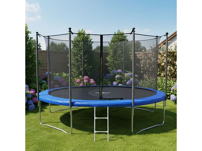 Trampoline pour enfant 14Ft ø427cm avec coussin de protection Bleu, Echelle et Filet de sécurité