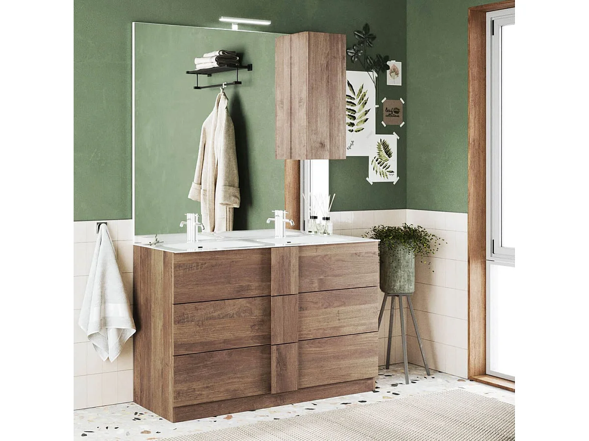 Meuble Vasque 122cm 3 tiroirs + Miroir aspect bois finition Mercure - ZEUS