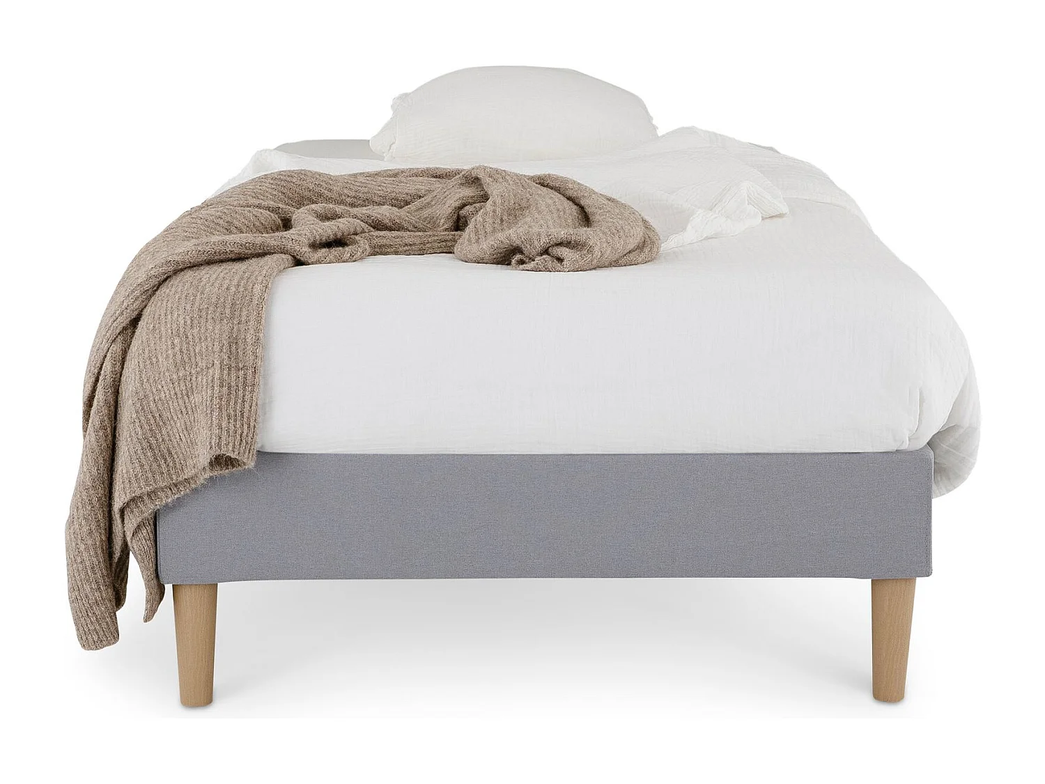 Sommier tapissier PAIMPOL 90 x 190 cm structure en bois et revêtement en tissu gris, cadre de lit avec pieds