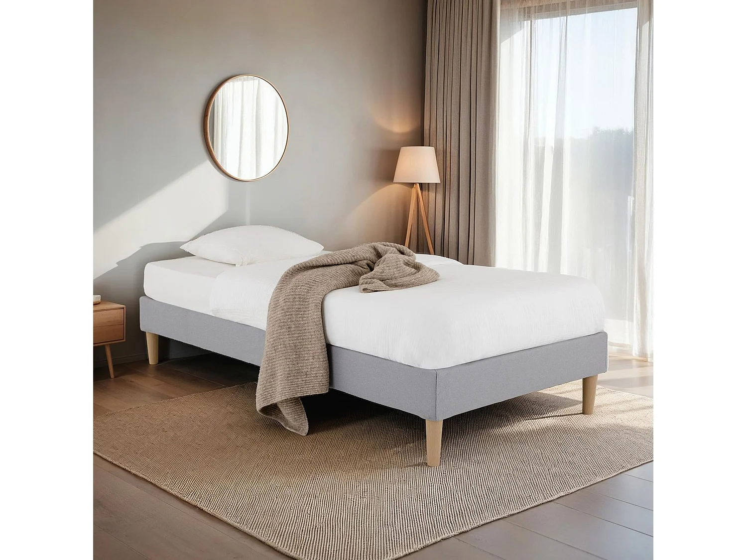 Sommier tapissier PAIMPOL 90 x 190 cm structure en bois et revêtement en tissu gris, cadre de lit avec pieds