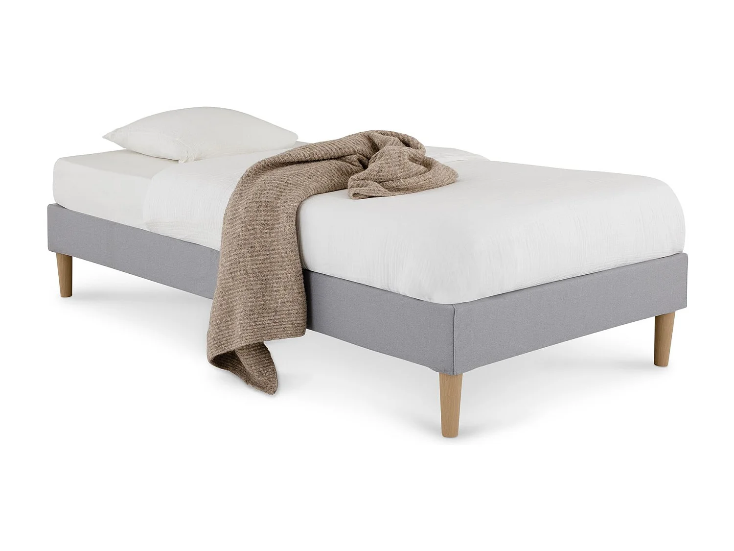 Sommier tapissier PAIMPOL 90 x 190 cm structure en bois et revêtement en tissu gris, cadre de lit avec pieds
