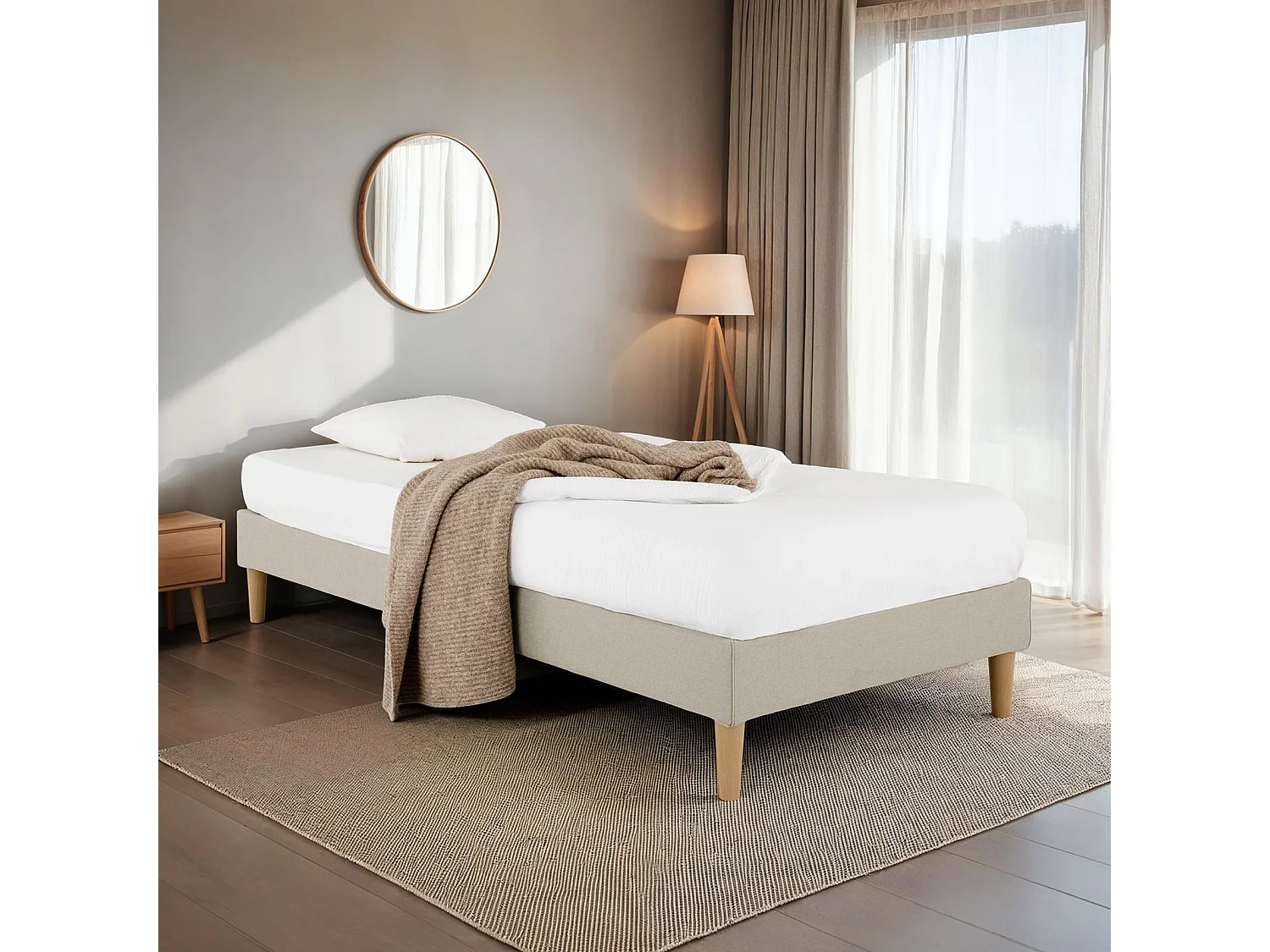 Sommier tapissier PAIMPOL 90 x 190 cm structure en bois et revêtement en tissu beige, cadre de lit avec pieds