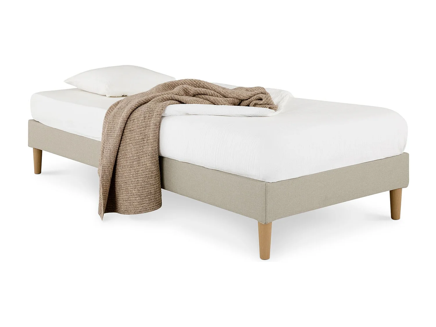 Sommier tapissier PAIMPOL 90 x 190 cm structure en bois et revêtement en tissu beige, cadre de lit avec pieds