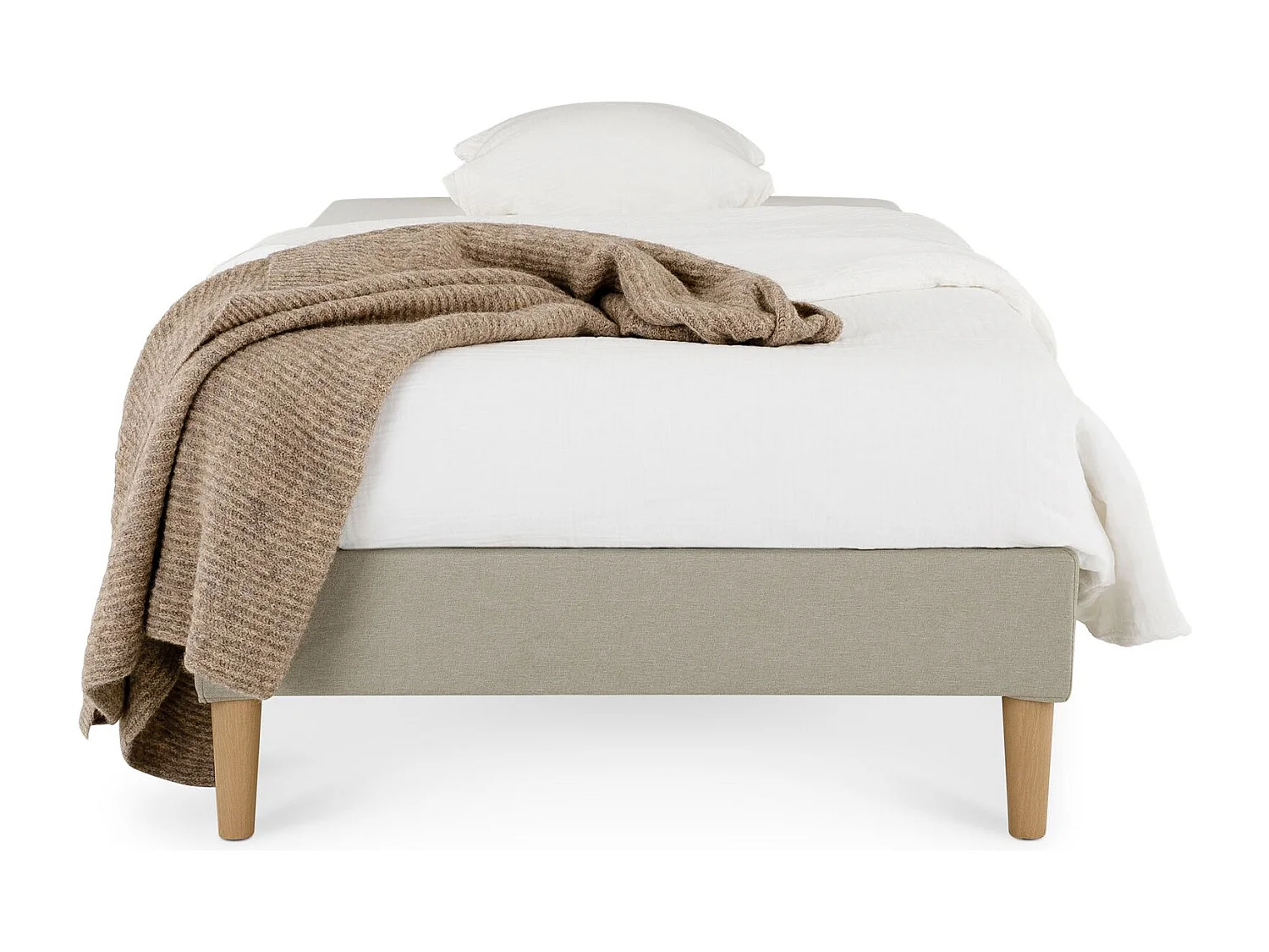 Sommier tapissier PAIMPOL 90 x 190 cm structure en bois et revêtement en tissu beige, cadre de lit avec pieds