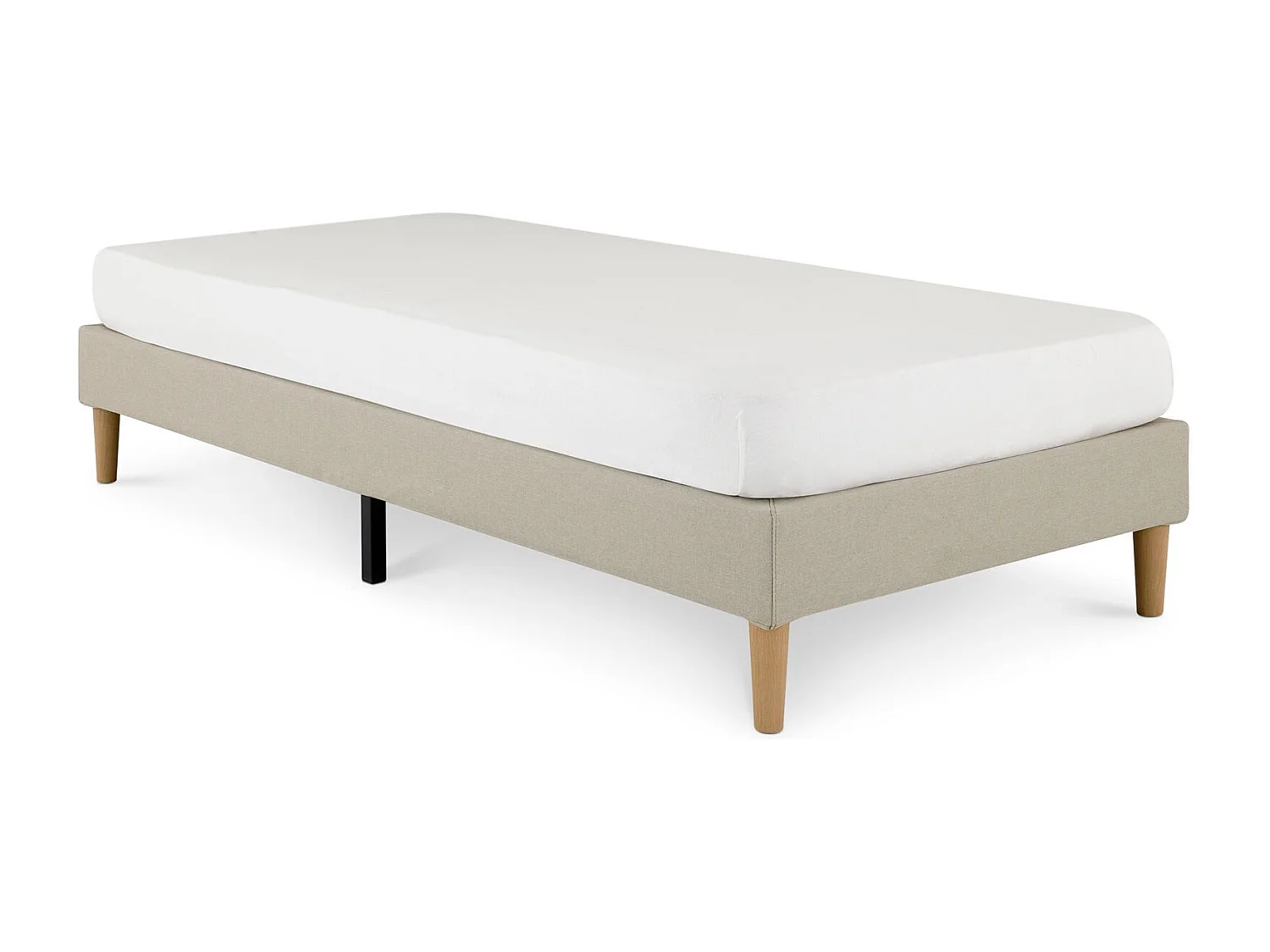 Sommier tapissier PAIMPOL 90 x 190 cm structure en bois et revêtement en tissu beige, cadre de lit avec pieds