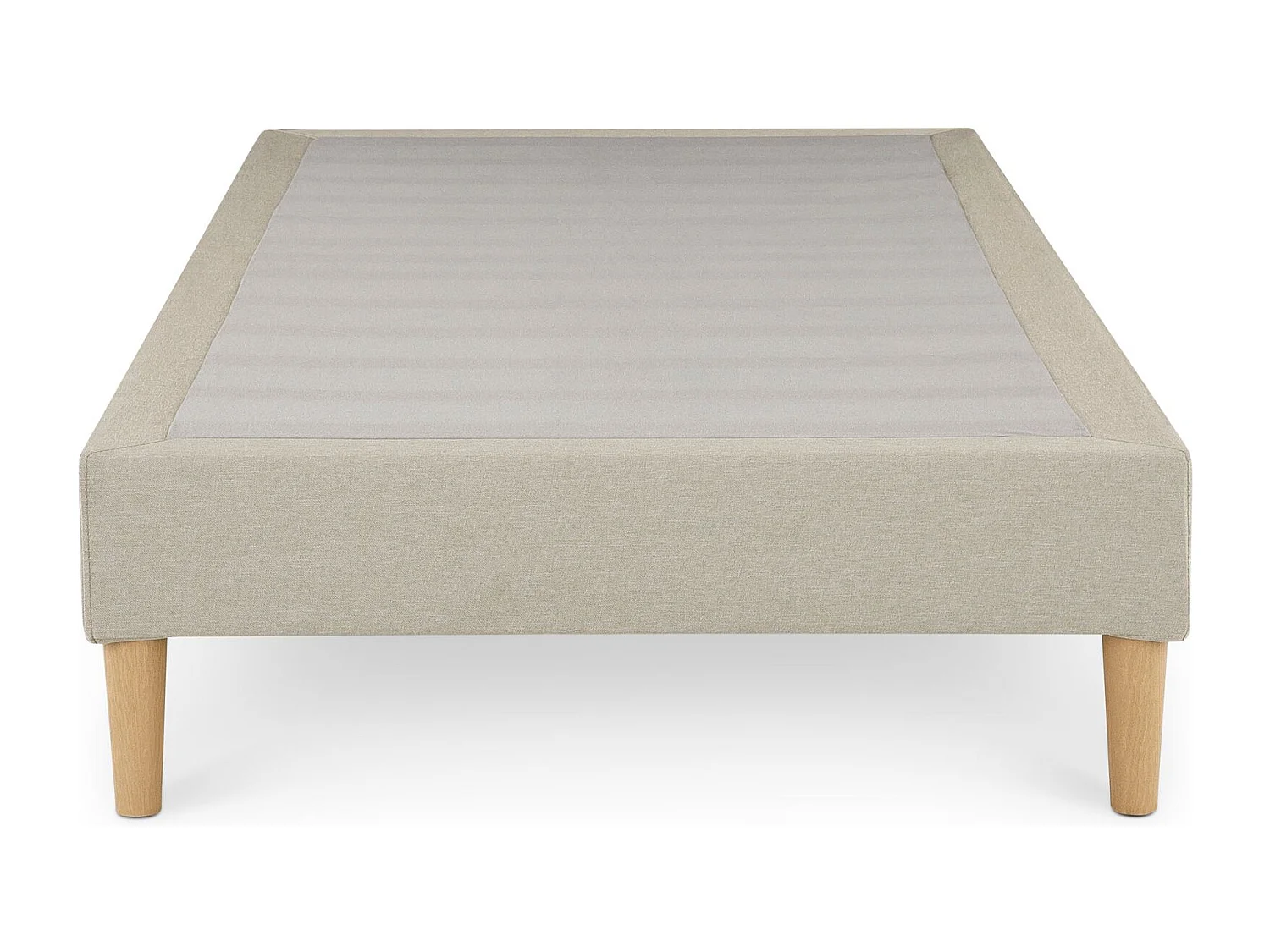Sommier tapissier PAIMPOL 90 x 190 cm structure en bois et revêtement en tissu beige, cadre de lit avec pieds