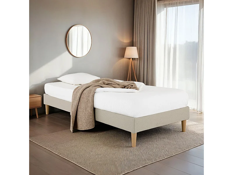 Sommier tapissier PAIMPOL 90 x 190 cm structure en bois et revêtement en tissu beige, cadre de lit avec pieds