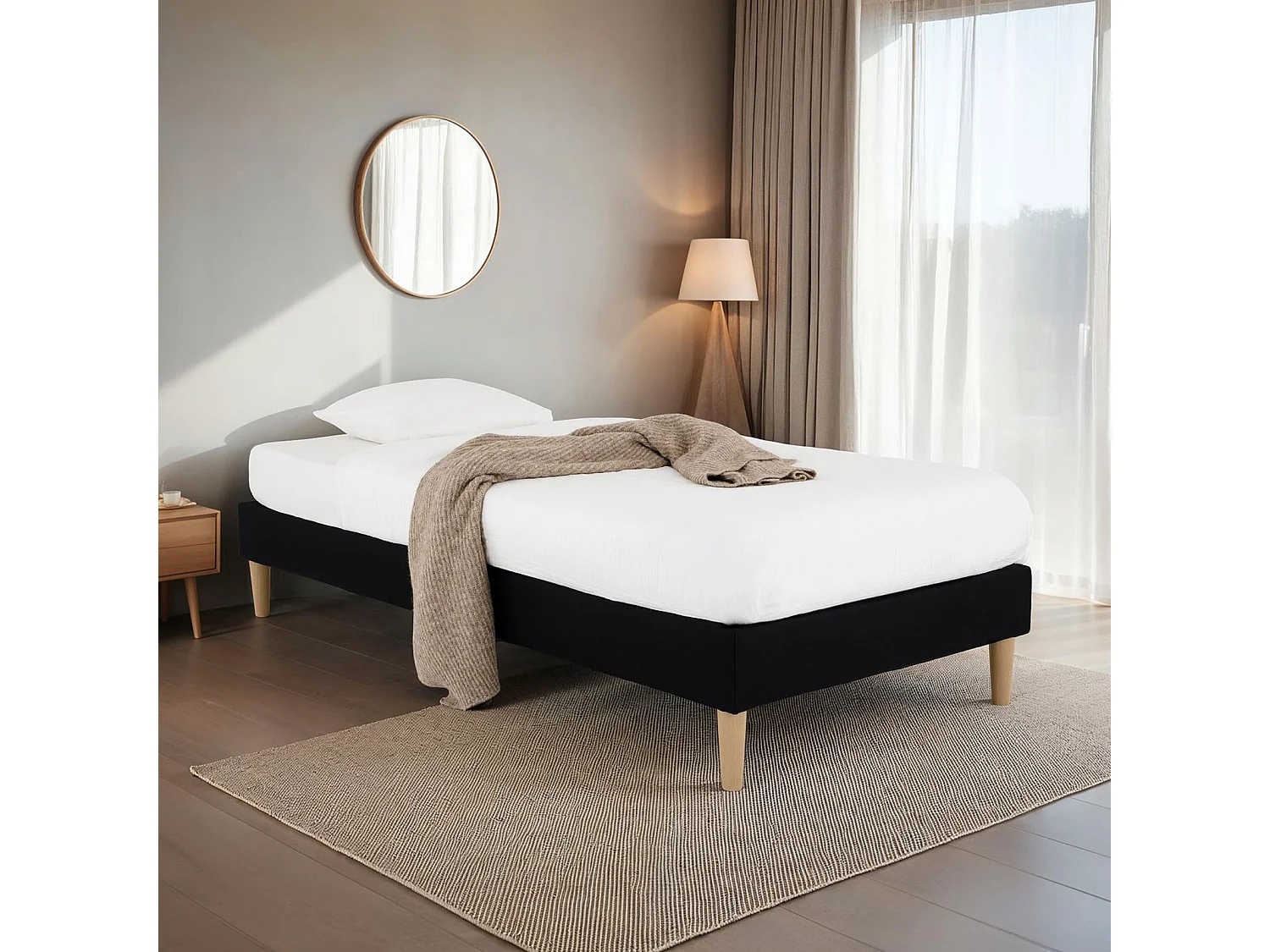 Sommier tapissier PAIMPOL 90 x 190 cm structure en bois et revêtement en tissu noir, cadre de lit avec pieds