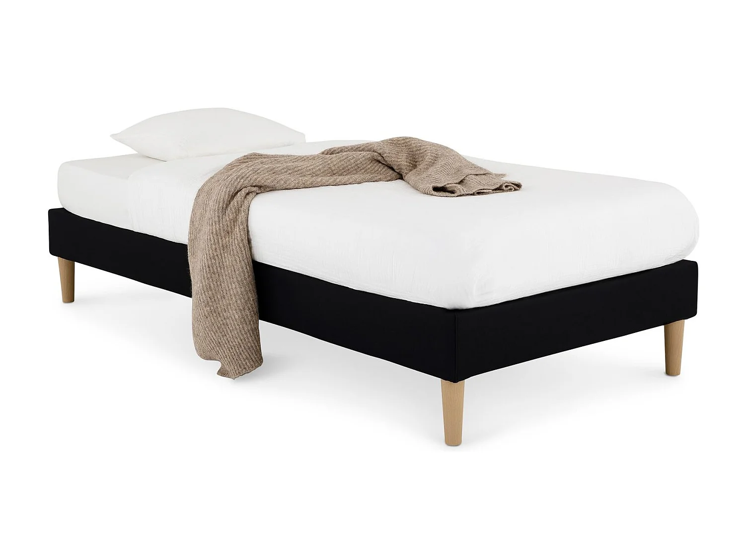 Sommier tapissier PAIMPOL 90 x 190 cm structure en bois et revêtement en tissu noir, cadre de lit avec pieds