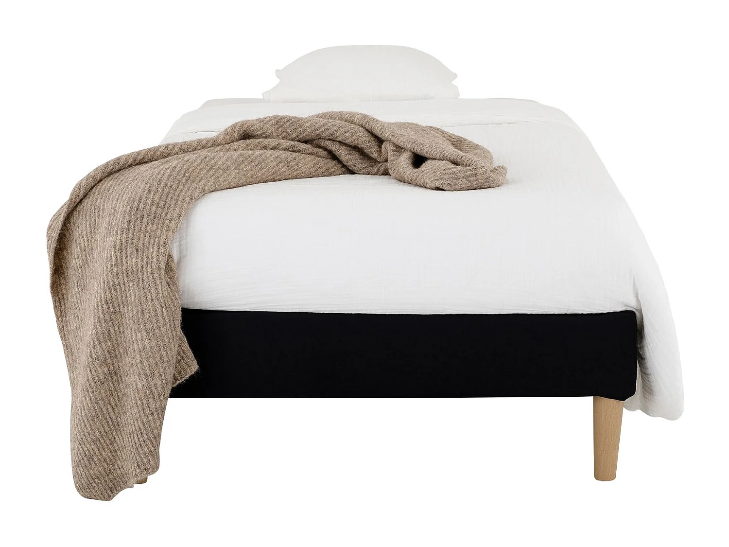 Sommier tapissier PAIMPOL 90 x 190 cm structure en bois et revêtement en tissu noir, cadre de lit avec pieds