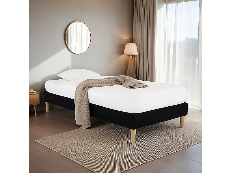 Sommier tapissier PAIMPOL 90 x 190 cm structure en bois et revêtement en tissu noir, cadre de lit avec pieds