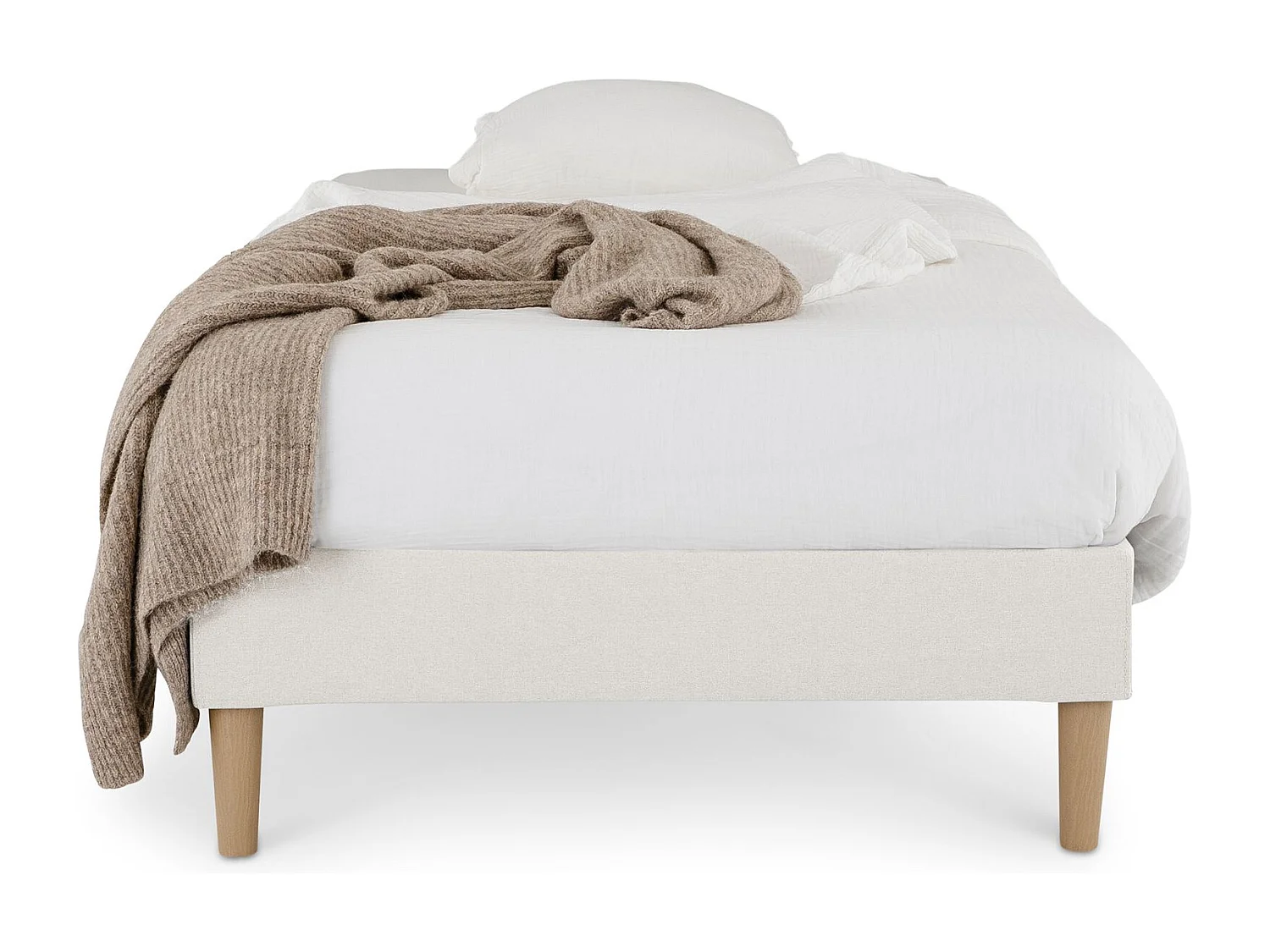 Sommier tapissier PAIMPOL 90 x 190 cm structure en bois et revêtement en tissu blanc crème, cadre de lit avec pieds