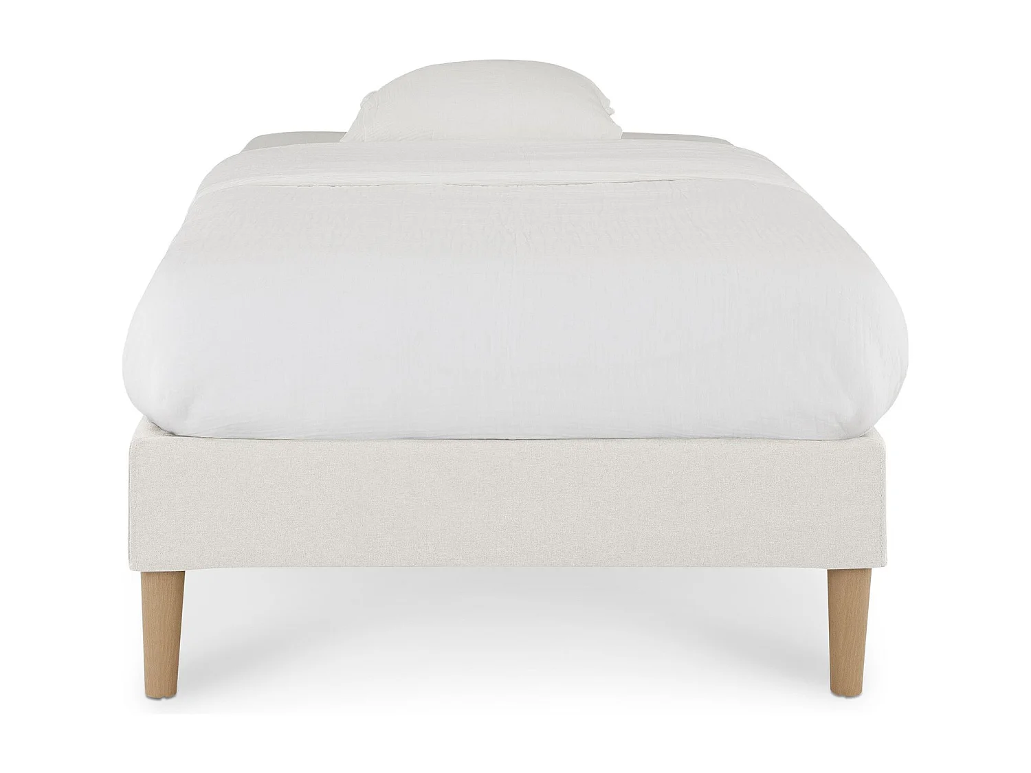 Sommier tapissier PAIMPOL 90 x 190 cm structure en bois et revêtement en tissu blanc crème, cadre de lit avec pieds