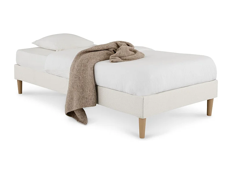 Sommier tapissier PAIMPOL 90 x 190 cm structure en bois et revêtement en tissu blanc crème, cadre de lit avec pieds