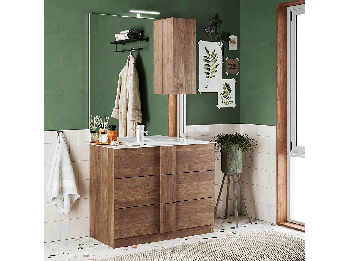 Meuble Vasque 101cm 3 tiroirs + Miroir aspect bois finition Mercure - ZEUS