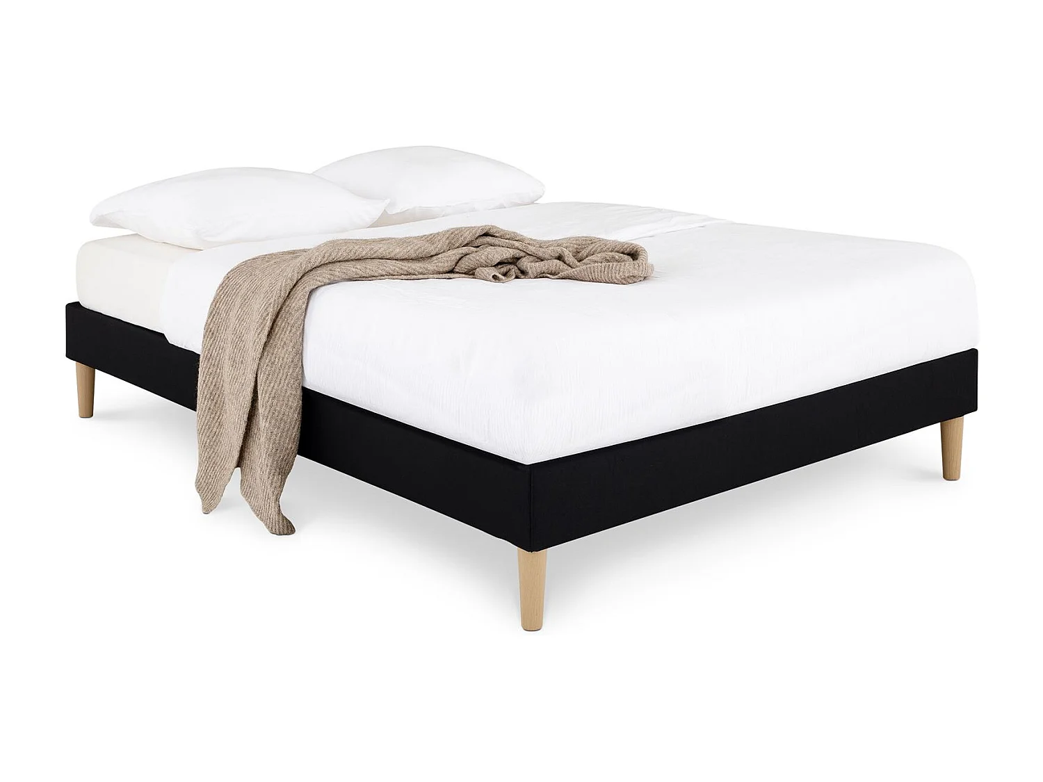 Sommier tapissier QUIMPER 140 x 190 cm structure en bois et revêtement en tissu noir, cadre de lit avec pieds