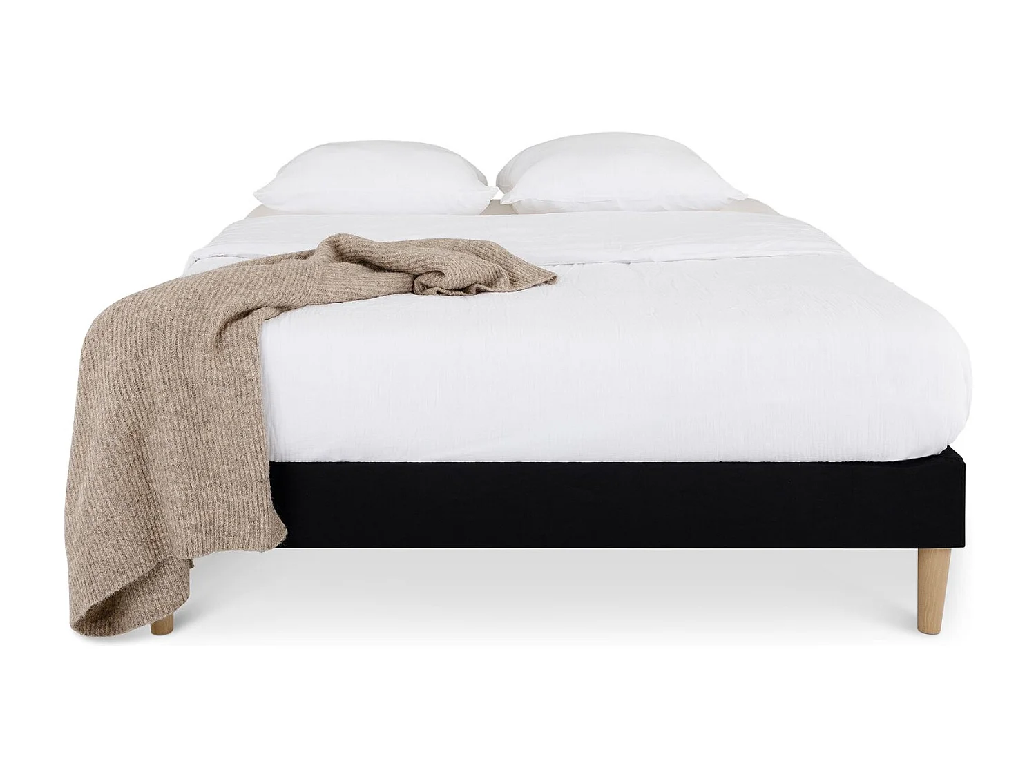 Sommier tapissier QUIMPER 140 x 190 cm structure en bois et revêtement en tissu noir, cadre de lit avec pieds