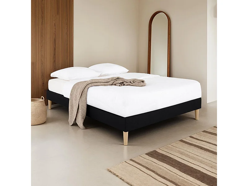 Sommier tapissier BREST 160 x 200 cm structure en bois et revêtement en tissu noir, cadre de lit avec pieds
