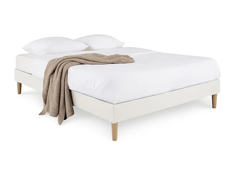 Sommier tapissier QUIMPER 140 x 190 cm structure en bois et revêtement en tissu blanc crème, cadre de lit avec pieds