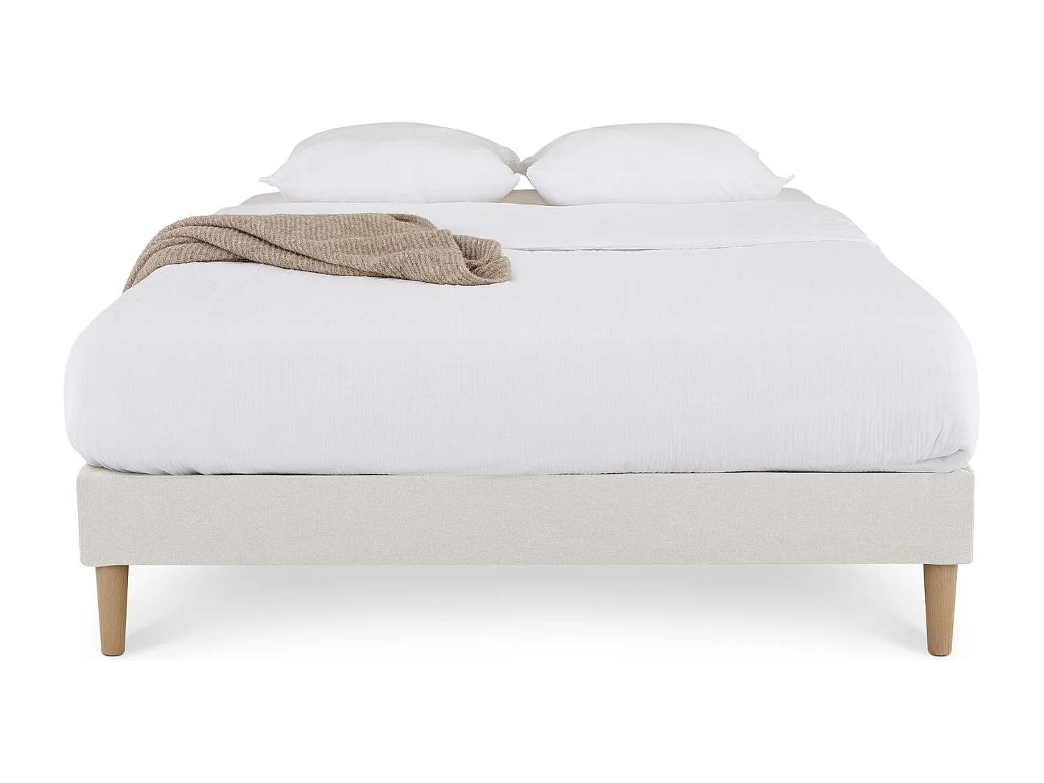 Sommier tapissier VANNES 120 x 190 cm structure en bois et revêtement en tissu blanc crème, cadre de lit avec pieds et sommier