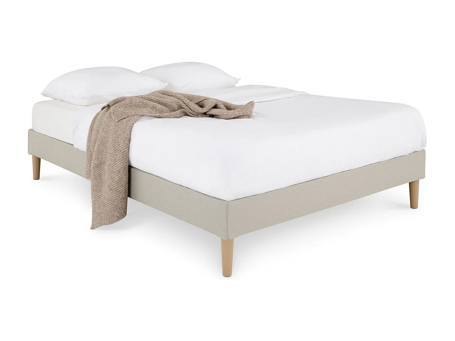Sommier tapissier QUIMPER 140 x 190 cm structure en bois et revêtement en tissu beige, cadre de lit avec pieds